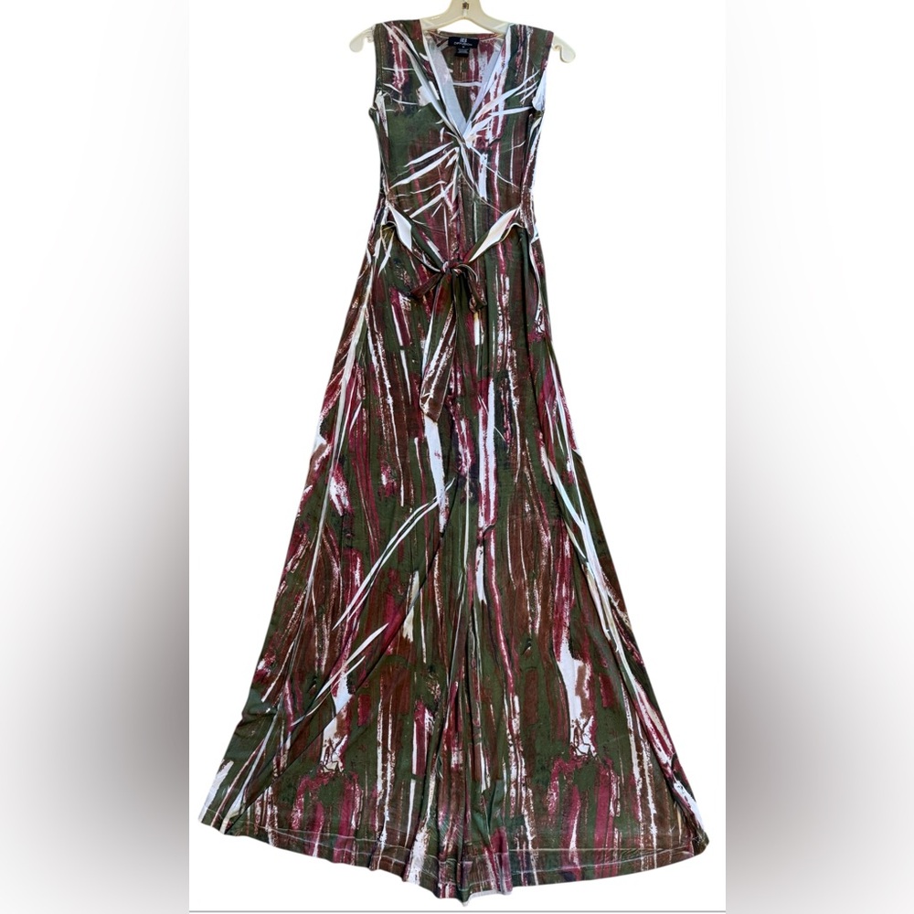 IB Diffusion Print V-neckSleeveless Maxi Dress With Tie Waist sz M Green/Mauve